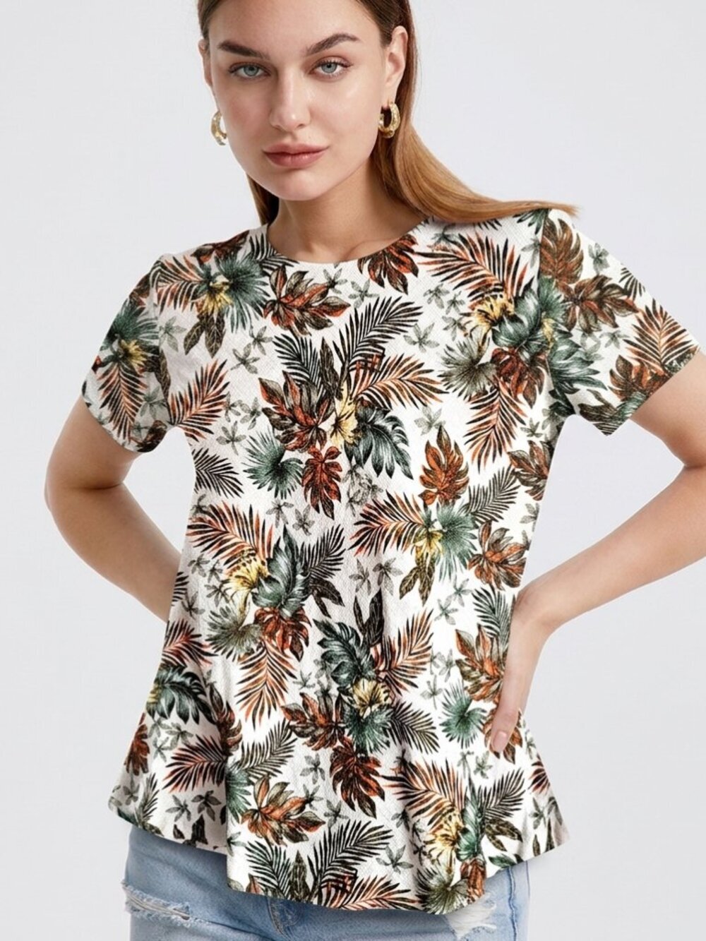 Mo:Vint Cream Floral Leaves Linen Cotton Blend Vintage Boho Swing Flared Top